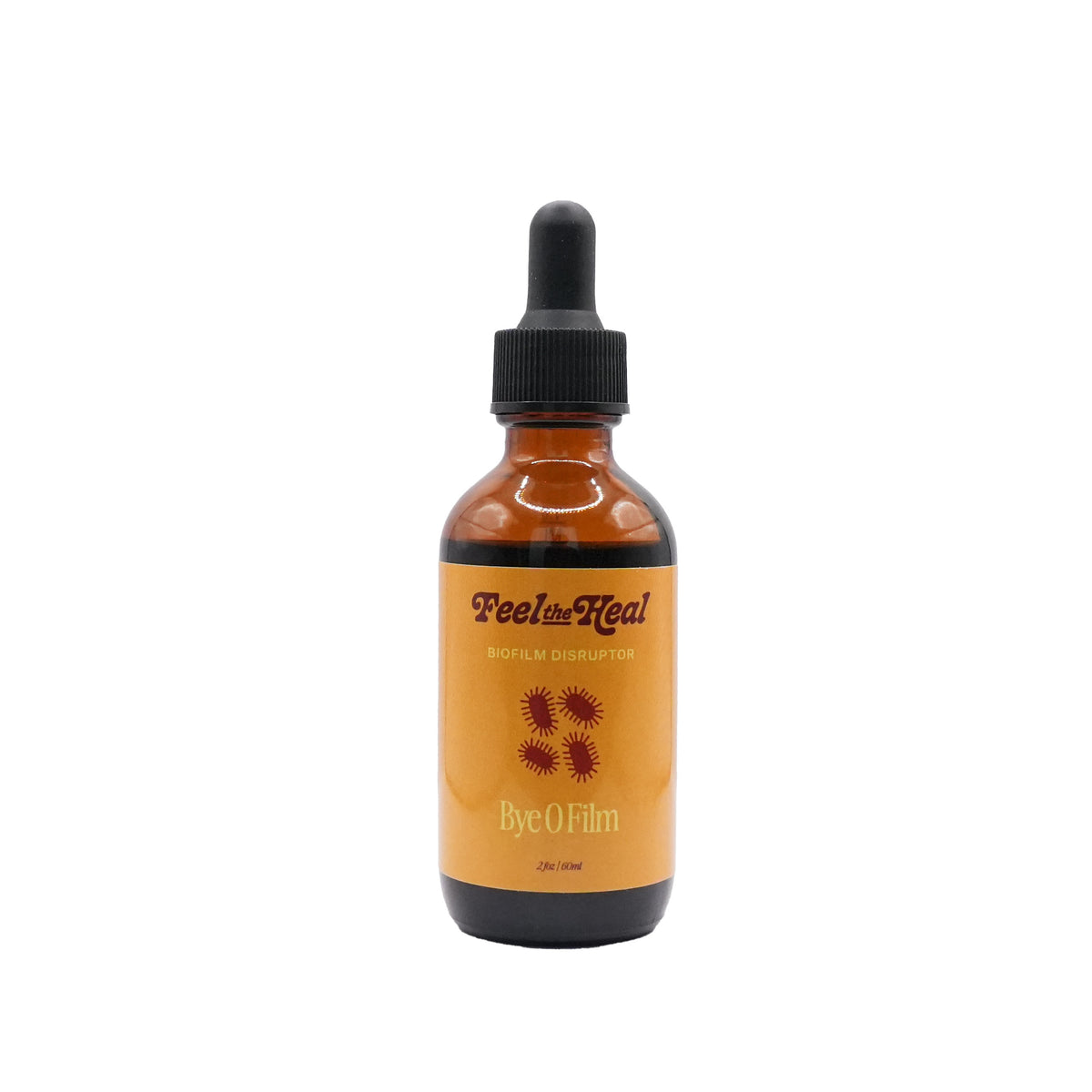 Brown bottle with dropper labeled 'Feel the Heal' on a white background