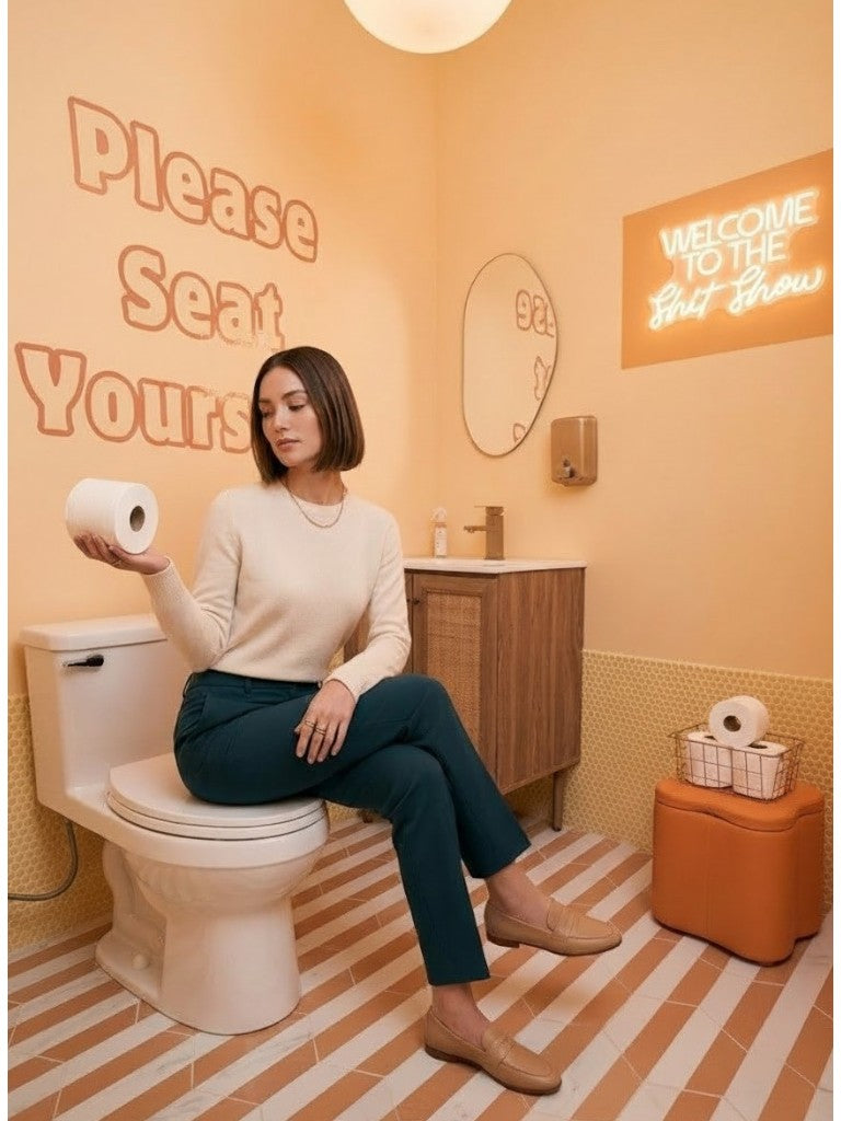 Woman sitting on a toilet in a bathroom with humorous decorations going to get a colonic