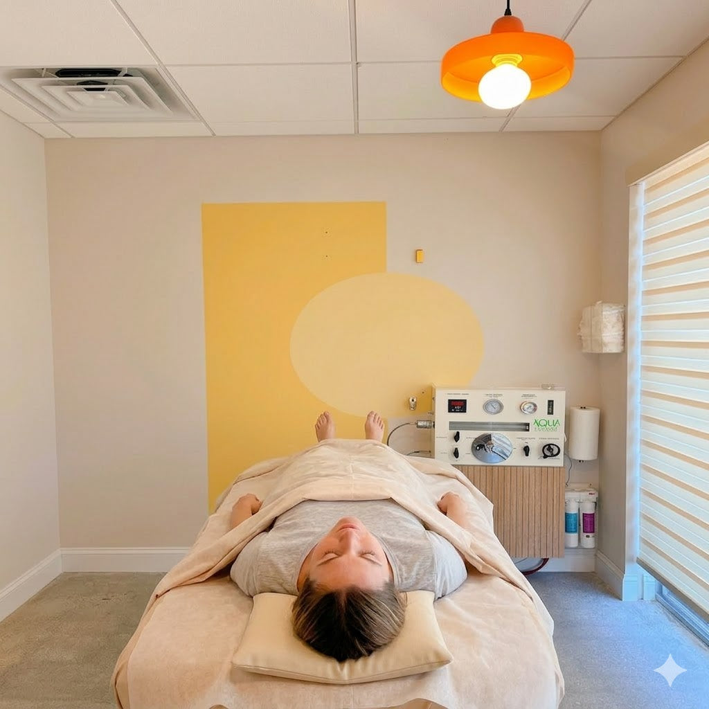 Person receiving a colonic treatment in a clinical setting with medical equipment.