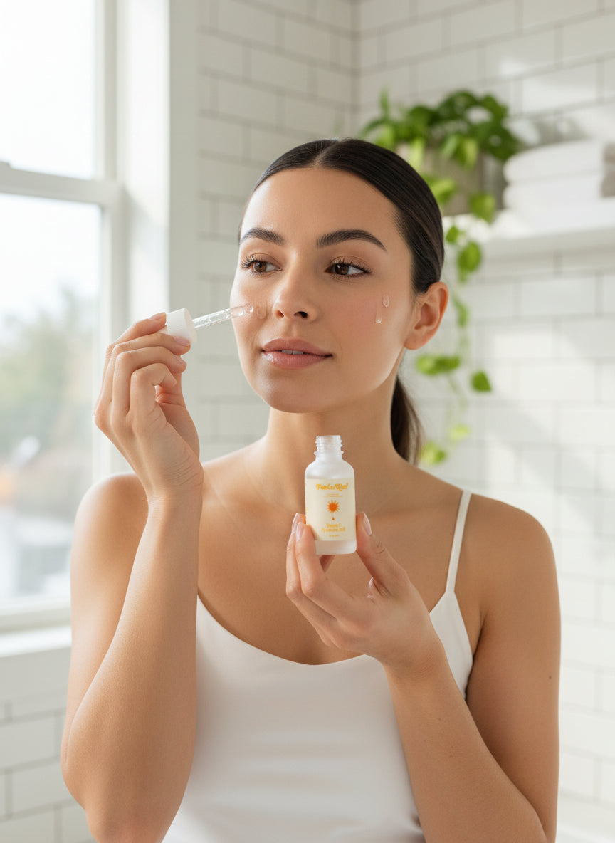 Woman applying skincare product with dropper and bottle in a bright room