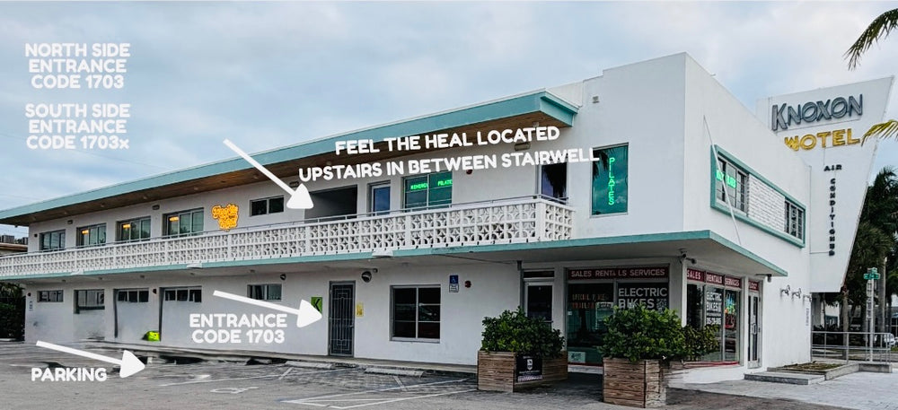 Knoxton Hotel with directional arrows and text indicating entrance codes and location details. feel the heal miami at the knoxon wotel