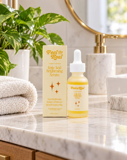 A bottle of Feel the heal Kojic Acid Brightening Serum with its matching box, displayed on a marble bathroom counter next to a folded towel and green plant.