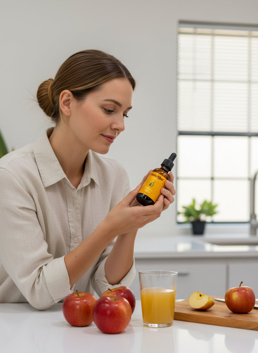 Woman holding a bottle of liquid next to apples and a glass of juice in a kitchen. doing a liver gallbladder detox

