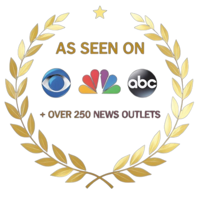 Logo indicating 'As Seen On' with multiple news outlet logos and a gold laurel wreath.