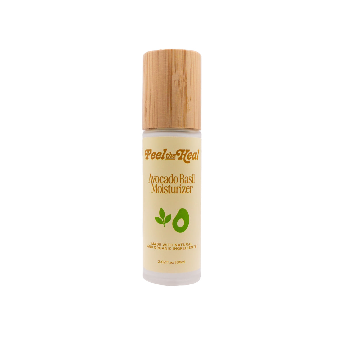 Avocado Basil Moisturizer bottle with wooden cap on a white background