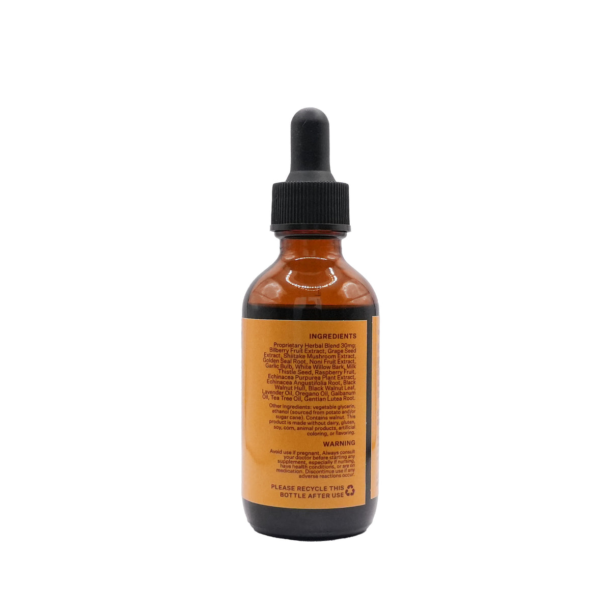 Brown glass bottle with black dropper on a white background