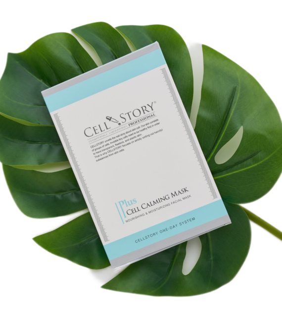 Cell Story Calming Mask packaging on a leaf background