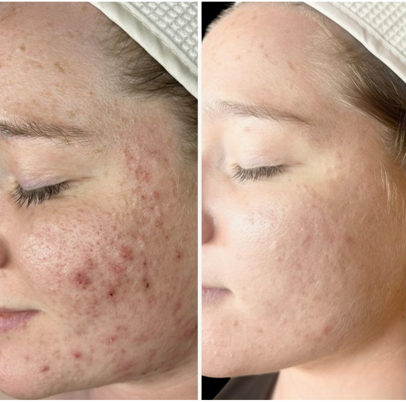 Before and after comparison of a person's face with acne on the left and clear skin on the right.