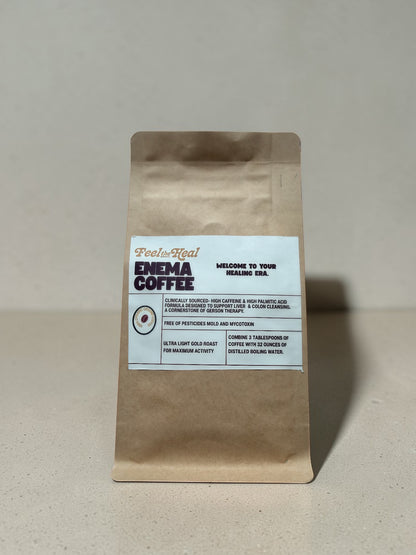 feel the heal coffee enema coffee bag paper coffee bag with a label on a light gray background