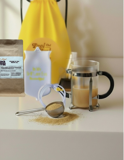 Coffee enema-making setup with coffee beans, grinder, and French press on a white surface.