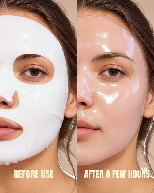Before-and-after split-screen comparison of a woman wearing a white sheet mask on the left and a glossy, hydrated sheet mask on the right, with text reading 'BEFORE USE' and 'AFTER A FEW HOURS'.