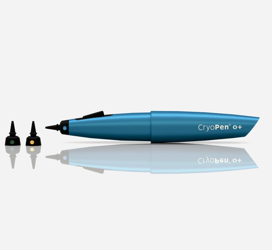 Blue CryoPen device with attachments on a white background