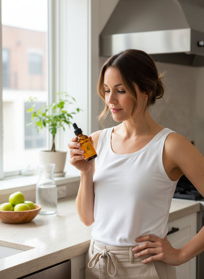 Woman holding a bottle of liver and gallblader cleanse phos 30 drops in a kitchen