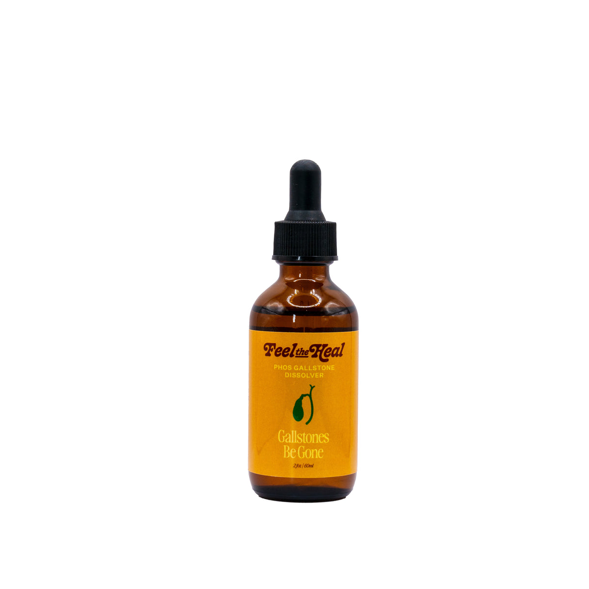 Brown glass bottle with dropper labeled 'Feel the Heal' on a white background liver and gallblader cleanse phos 30 drops
