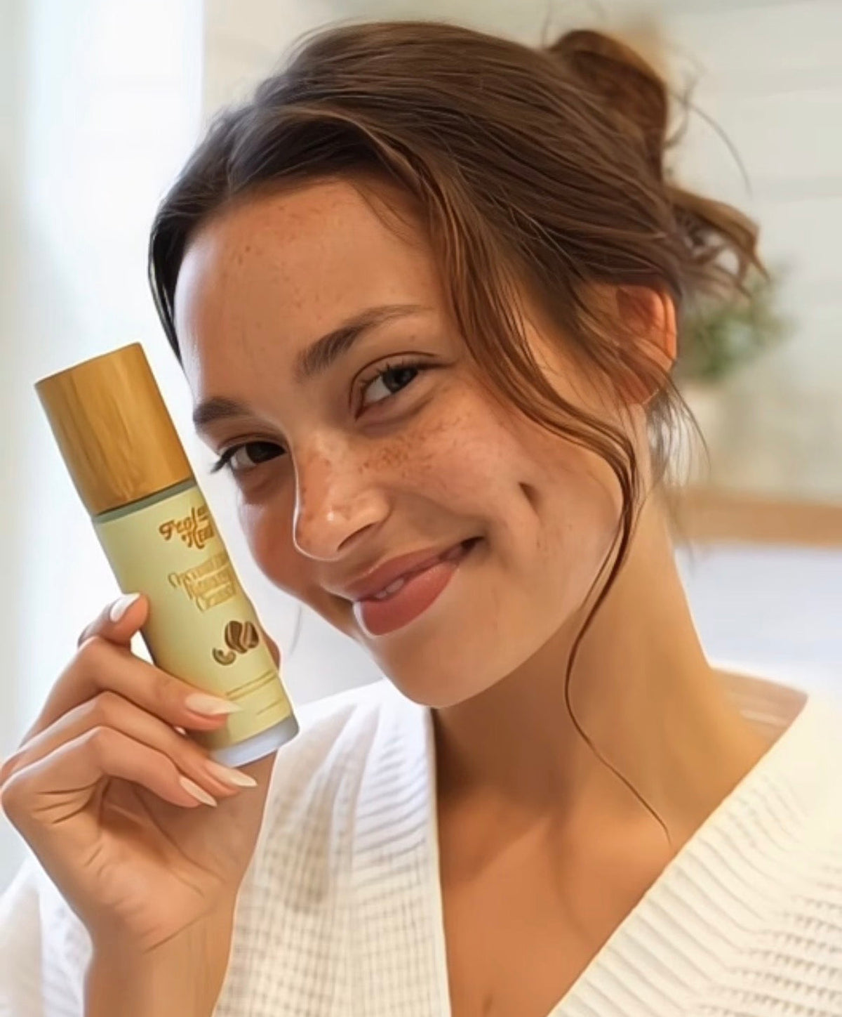 Woman holding a  feel the heal skincare product with a blurred background