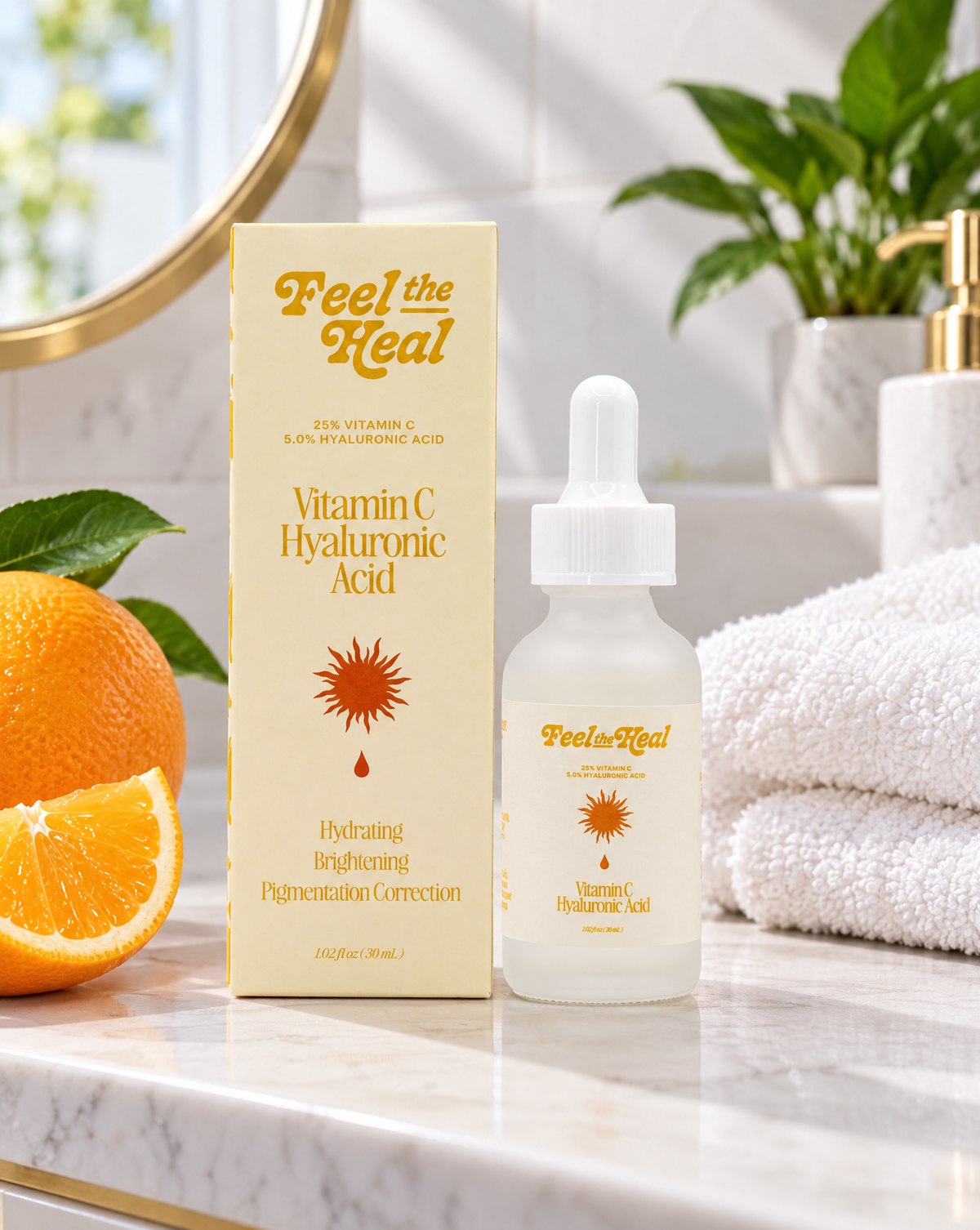 A skincare bottle and its matching box labeled 'Feel the Heal Vitamin C Hyaluronic Acid' displayed on a marble bathroom counter with an orange slice, white towels, and a plant in the background.