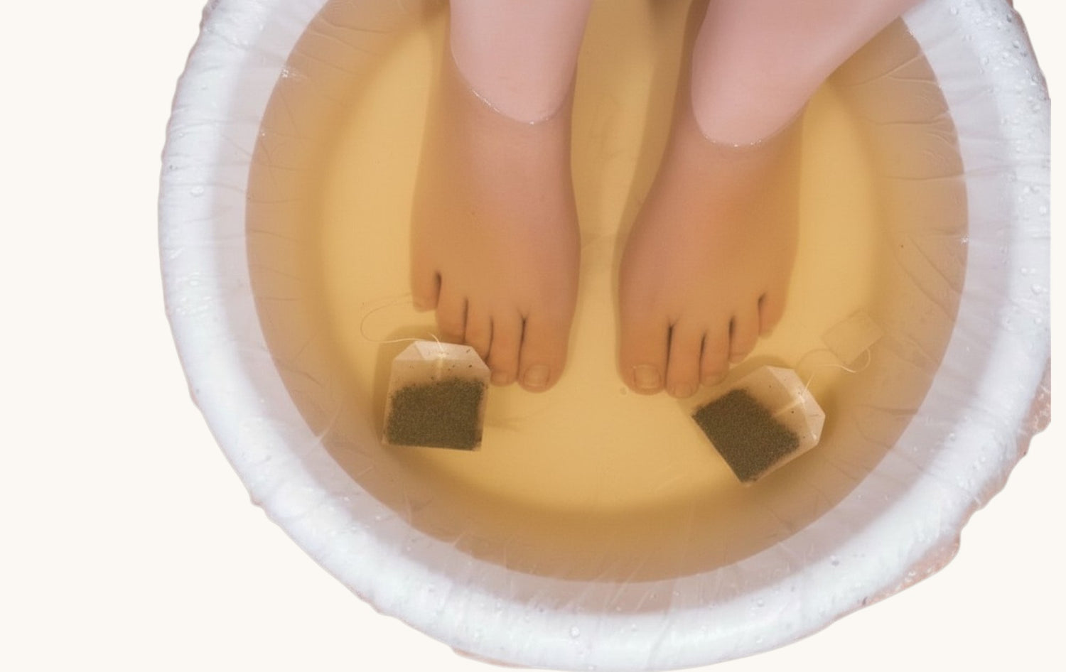 Feet with foot soaks in a white basin on a white background