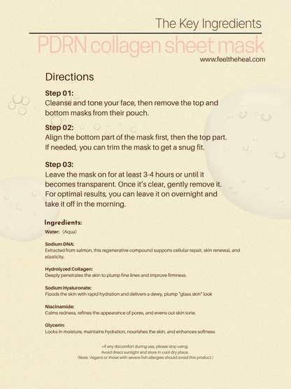A beige informational sheet detailing the directions and ingredients of the PDRN collagen sheet mask by Feel The Heal, with water droplet graphics on a light cream background.