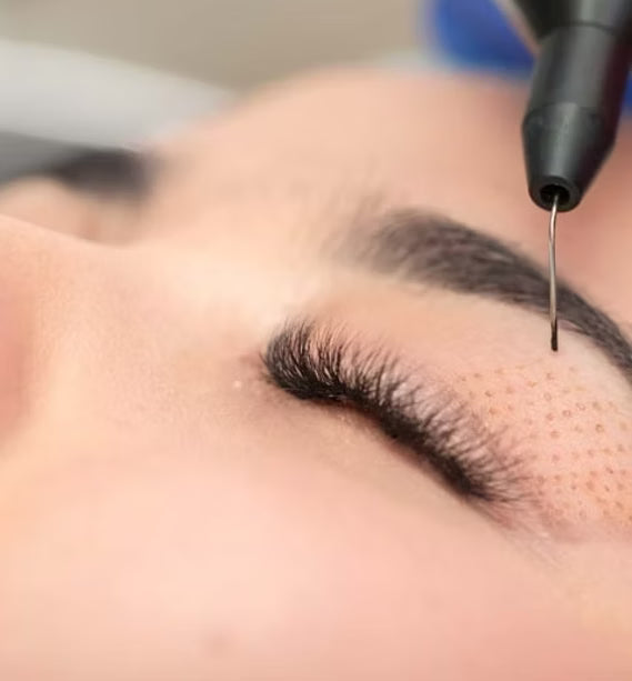 Eyebrow tattoo process with a needle pen on a person's eyebrow.