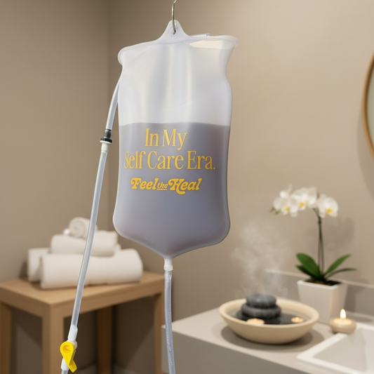IV bag with 'In My Self Care Era, Feel Healed' text in a bathroom setting.