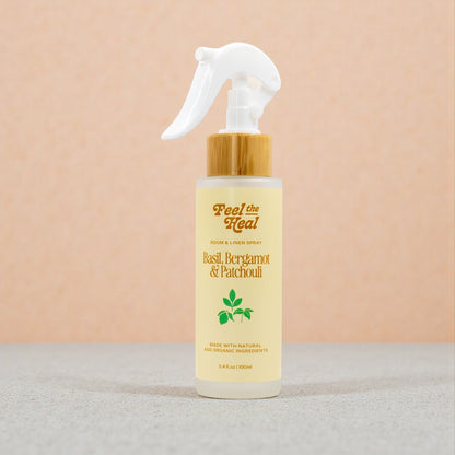 Feel the Heal Room & Linen Spray | Pure Essential Oil Mist for an Uplifting Home With Lavender and Basil as the variant names.