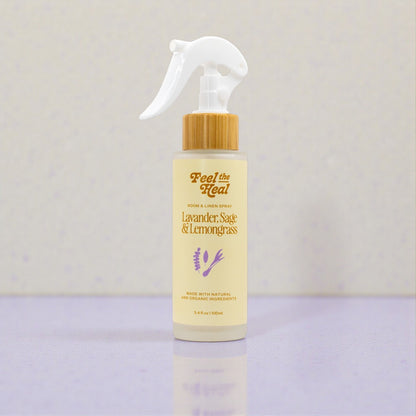Feel the Heal Room & Linen Spray | Pure Essential Oil Mist for an Uplifting Home With Lavender and Basil as the variant names.