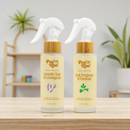 Feel the Heal Room & Linen Spray | Pure Essential Oil Mist for an Uplifting Home With Lavender and Basil as the variant names.