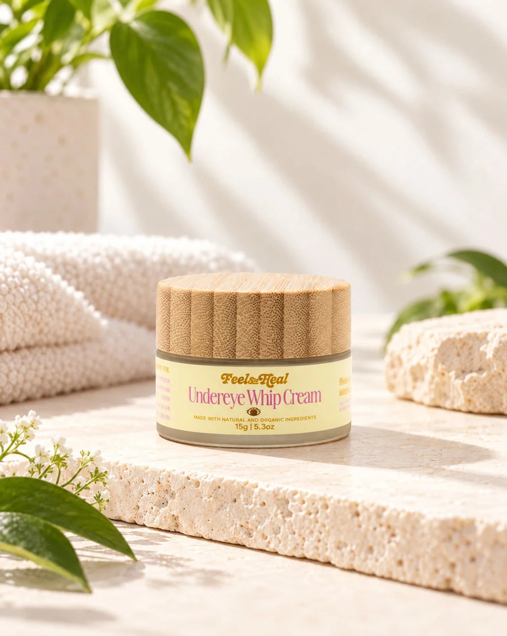 A jar of feel the heal Undereye Whip Cream sits on a textured stone slab with folded cream towels, green leaves, and a potted plant in a bright, sunlit setting.